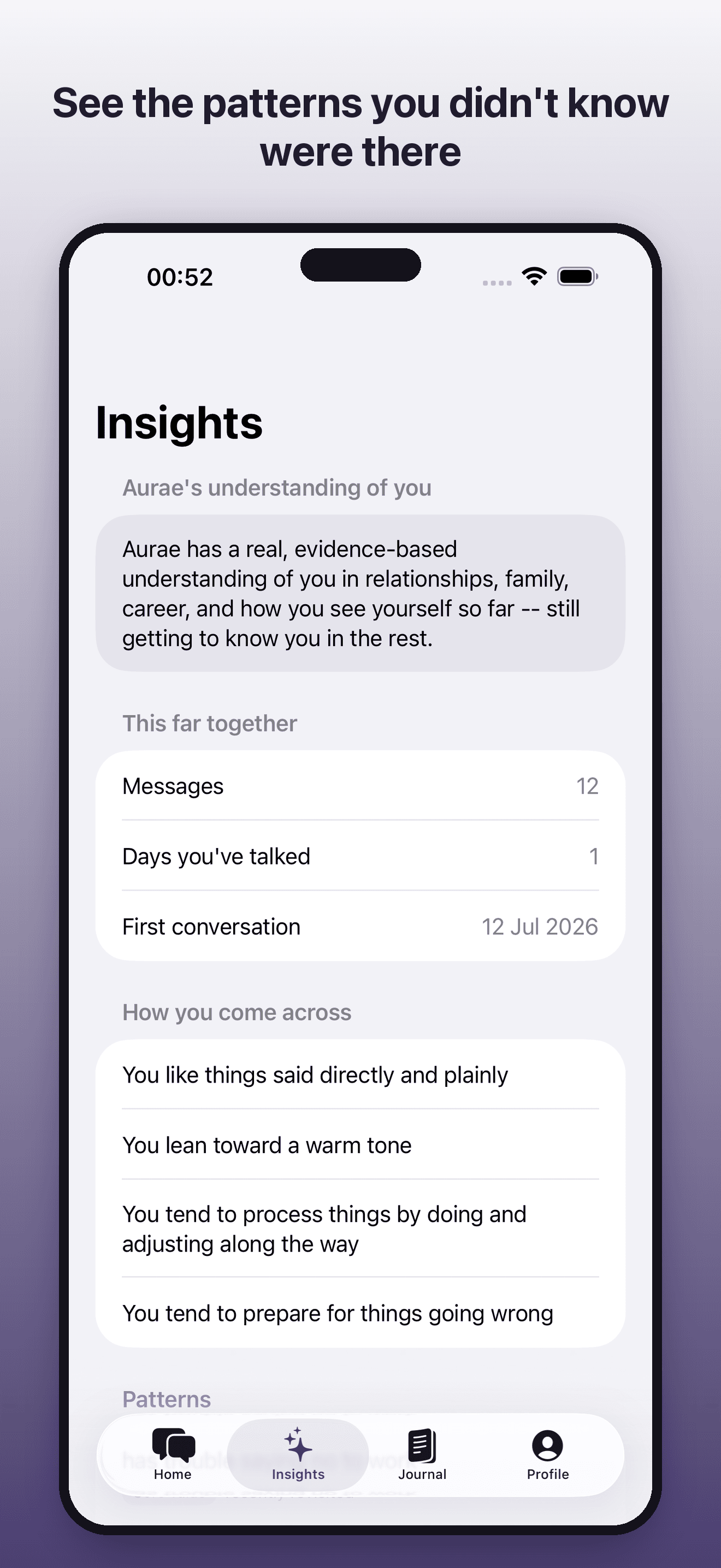 Insights screen — Patterns, backed by evidence