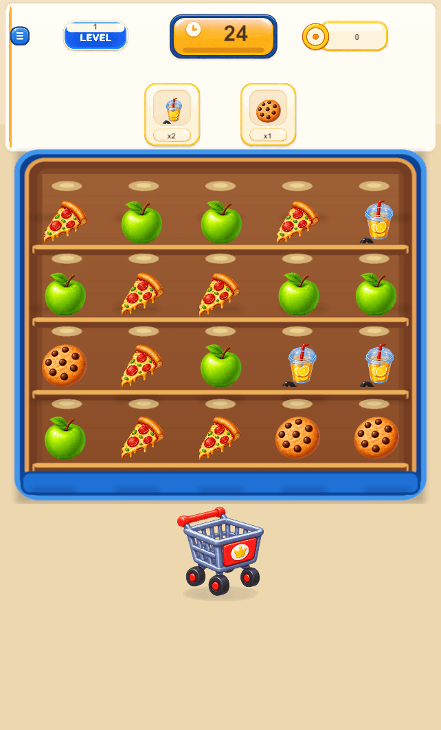 An early ShelfRush level, stocking shelves with pizza, apples, and juice
